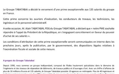 Le Groupe TABATABAI annonce le versement d’une prime exceptionnelle